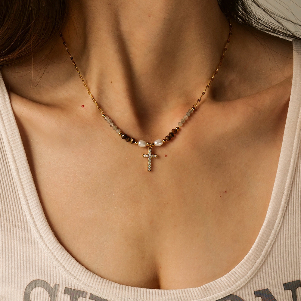Wholesale Freshwater Pearl Inlaid Zirconium Cross Titanium Steel Necklace