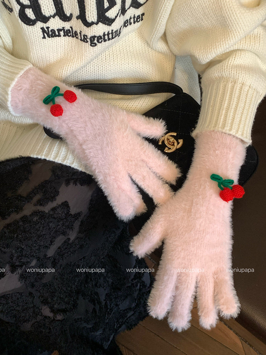 Wholesale Five-Finger Cherry Plush Gloves