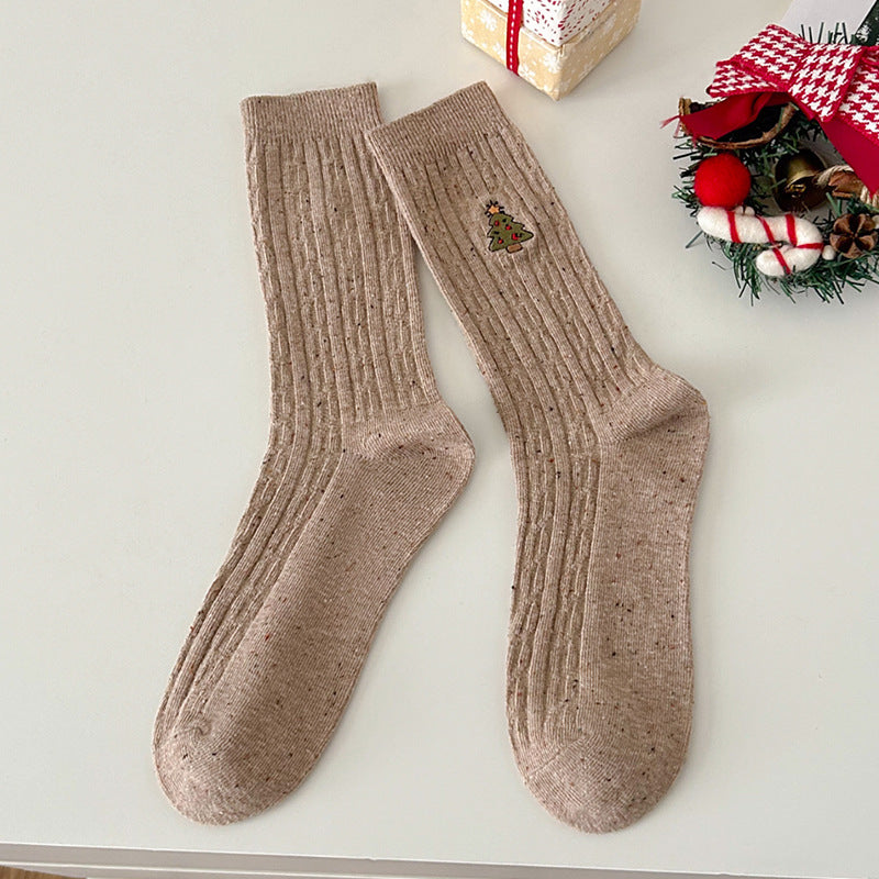 Wholesale Mid Tube Autumn and Winter Fried Dough Twists Pattern Christmas Socks Snowman Embroidery Versatile Socks