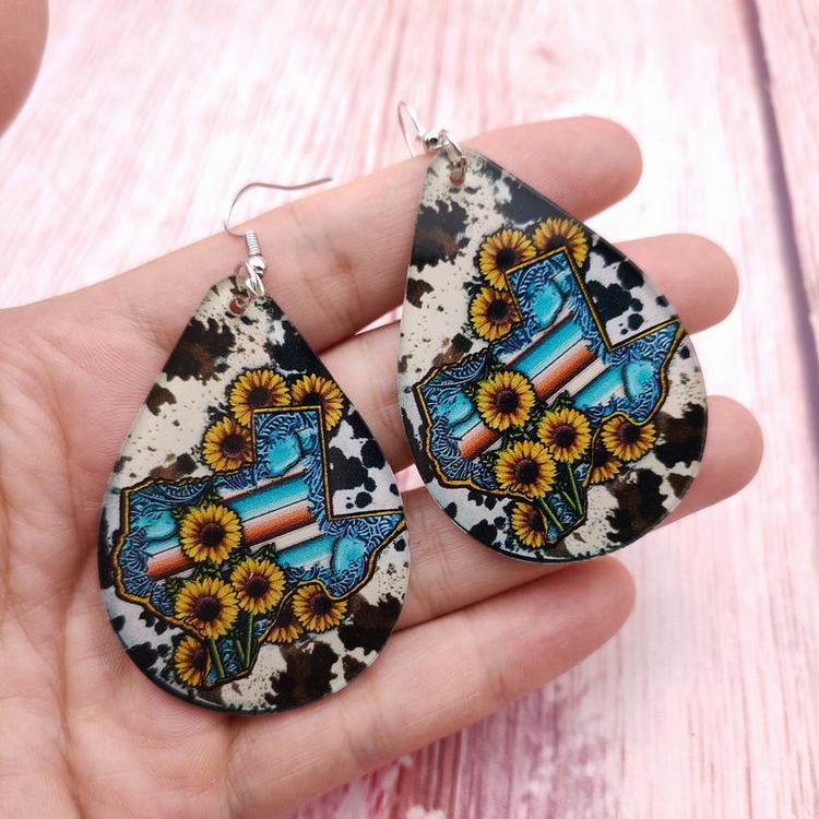 Wholesale Western Style Texas Map Cow Pattern Sunflower Water Drop Acrylic Earrings
