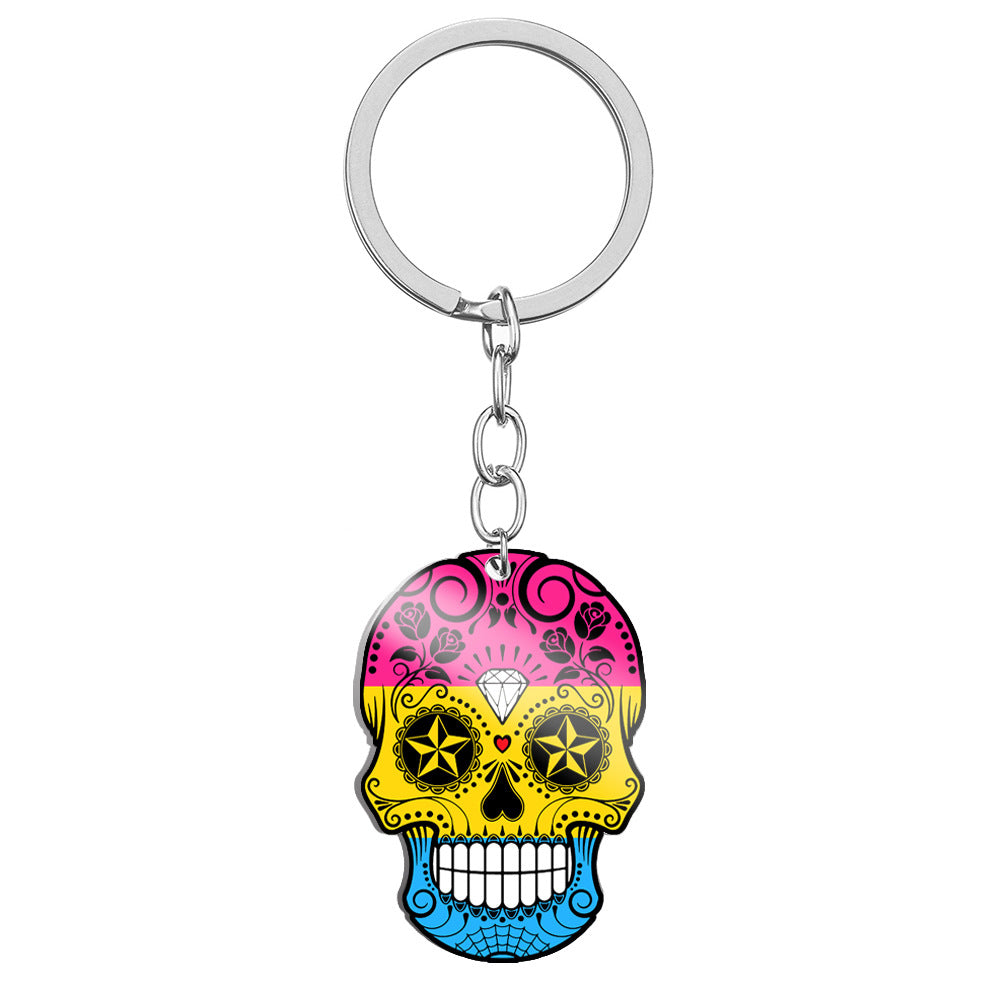 Wholesale 6 Color Rainbow Flag Color Printing Titanium Steel Skull Stainless Steel Keychains