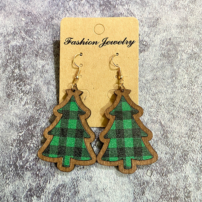 Wholesale Christmas Black and Red Plaid Christmas Tree Wooden Earrings