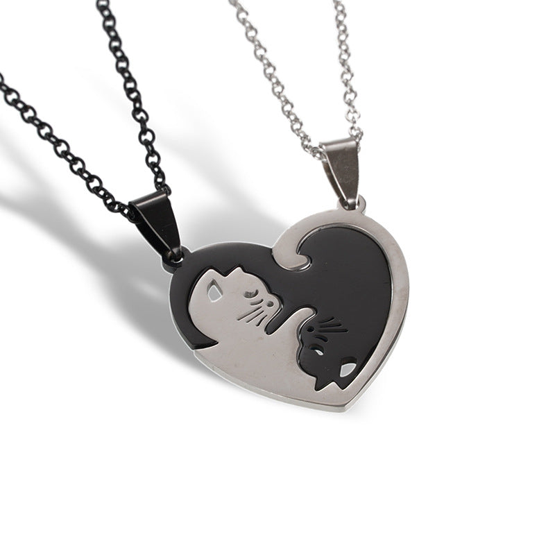 Wholesale A variety of stainless steel black and white cat pendant lovers necklace creative hug shape stitching Valentine's Day