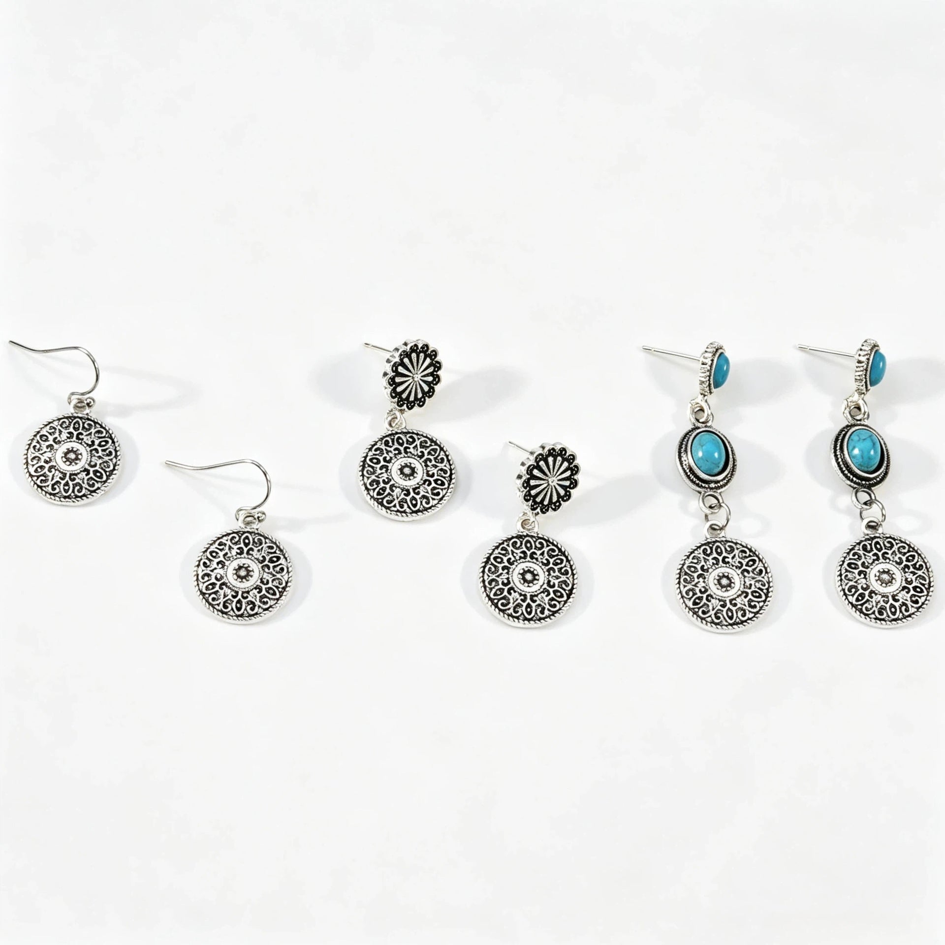 Wholesale Retro Carved Turquoise Round Disc Earrings Western Style Long Drop Earrings For Women Fashion Accessory Gift Boutique