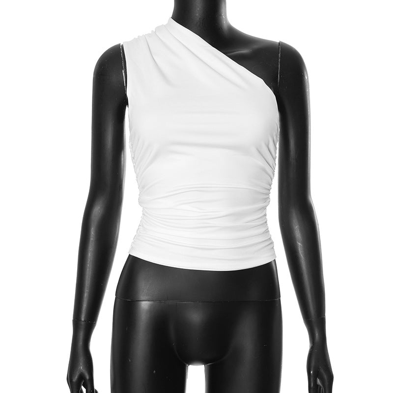 Wholesale Polyester Solid Color Single Shoulder Open Back Pleated Women's Tank Top T-shirt