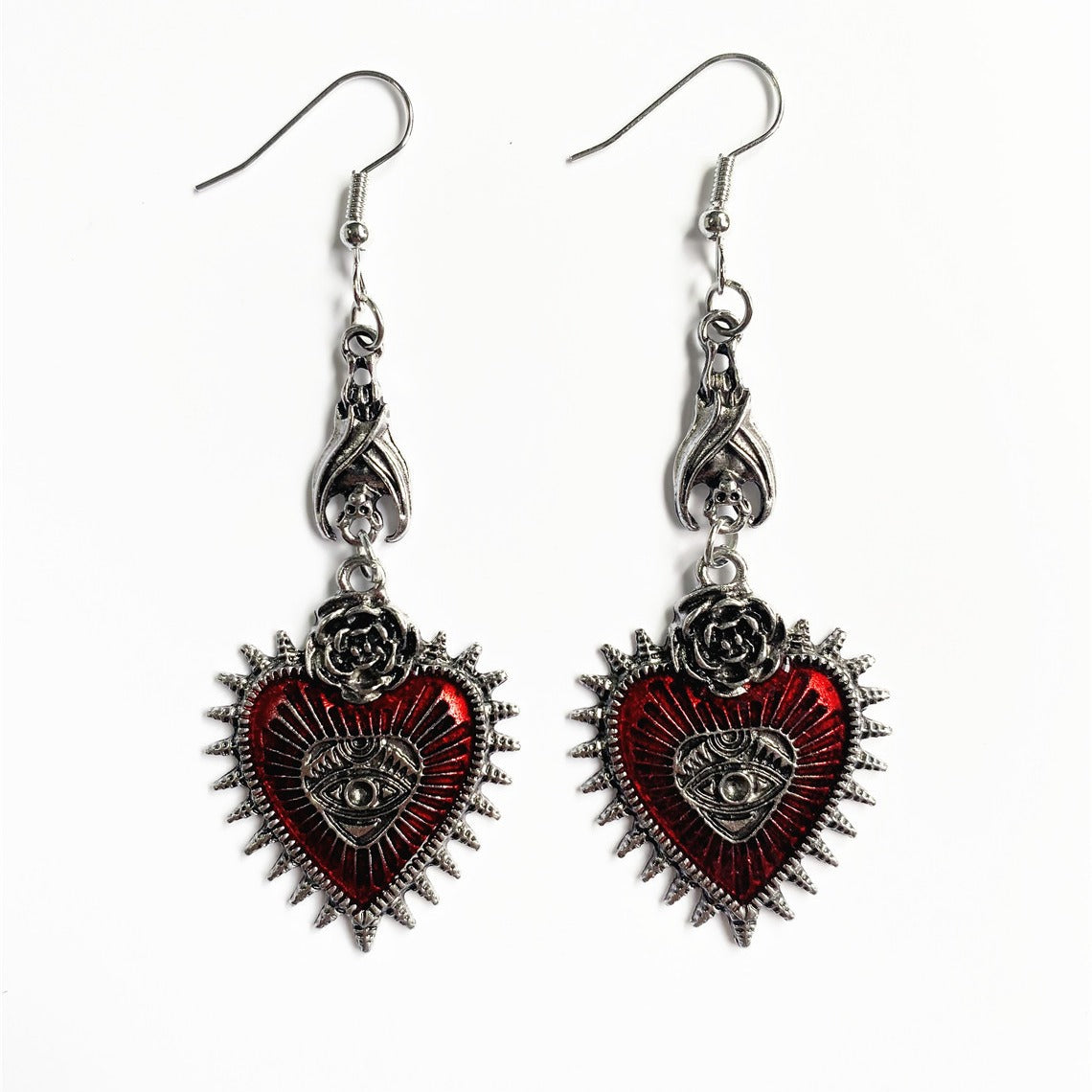 Gothic Punk Rose Wings Flower Red Oil Drops Heart-Shaped Earrings