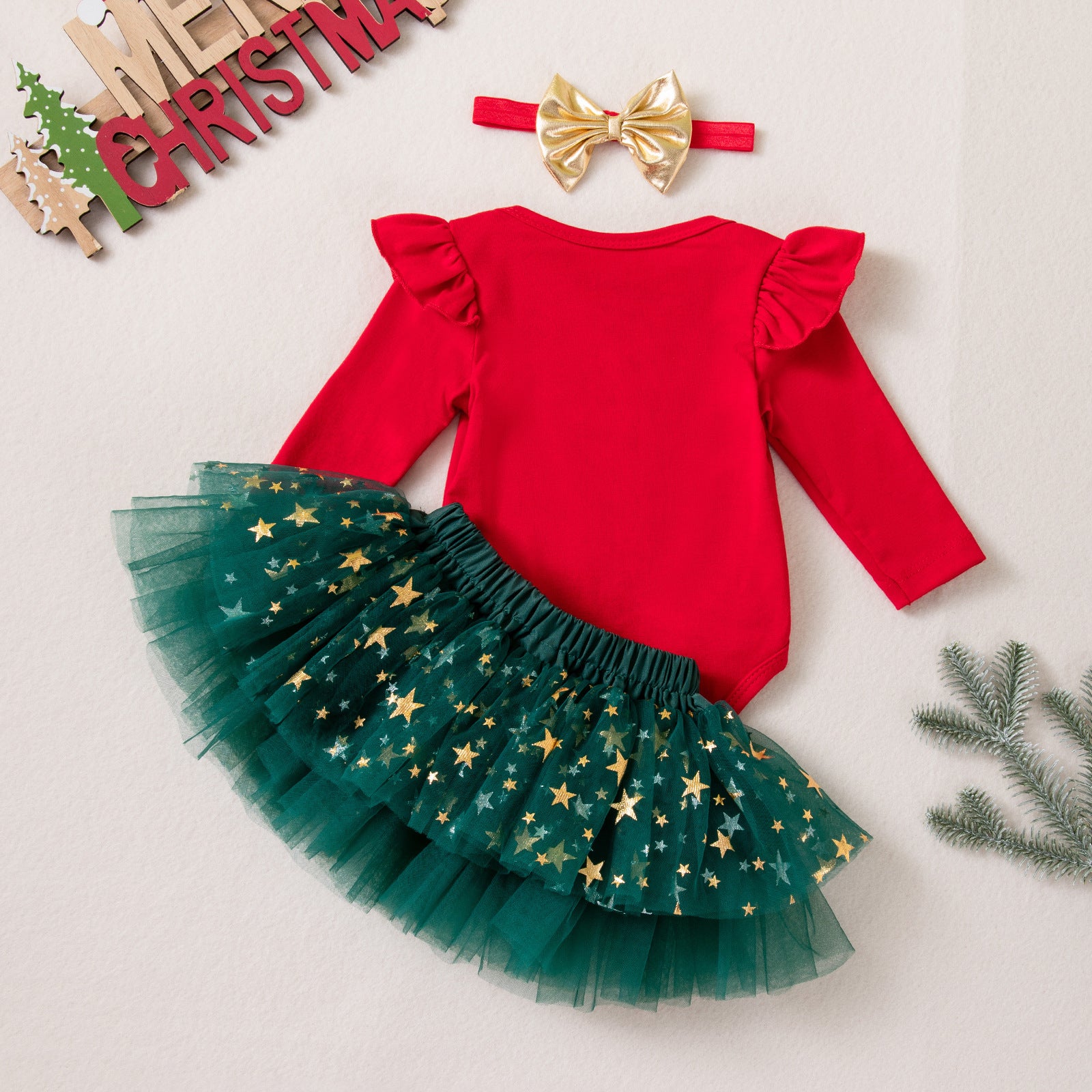 Wholesale Infant Baby Girl Christmas Dress Set Red Star Tulle Skirt 3 Piece Holiday Party Outfit
