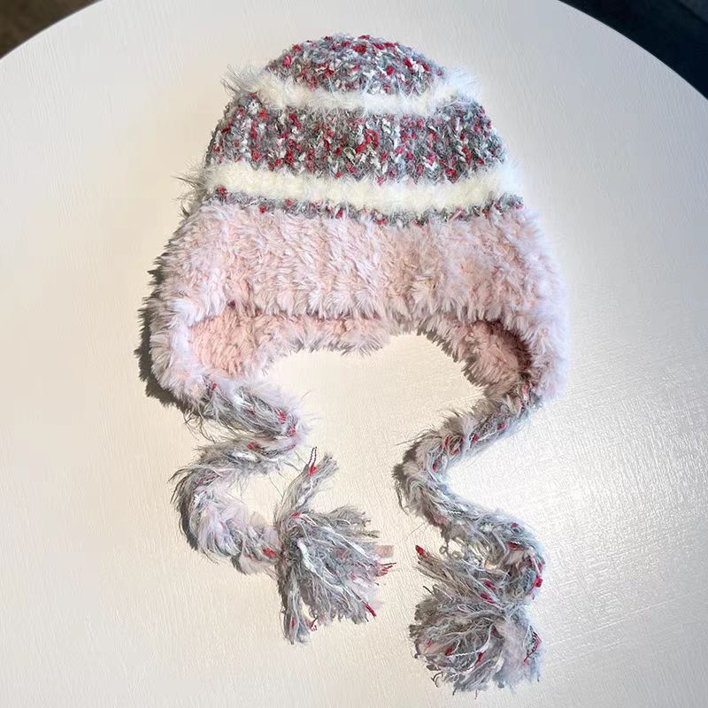 Wholesale Striped Stitching Plus Velvet Thick Warm Ear Protection Wool Hat