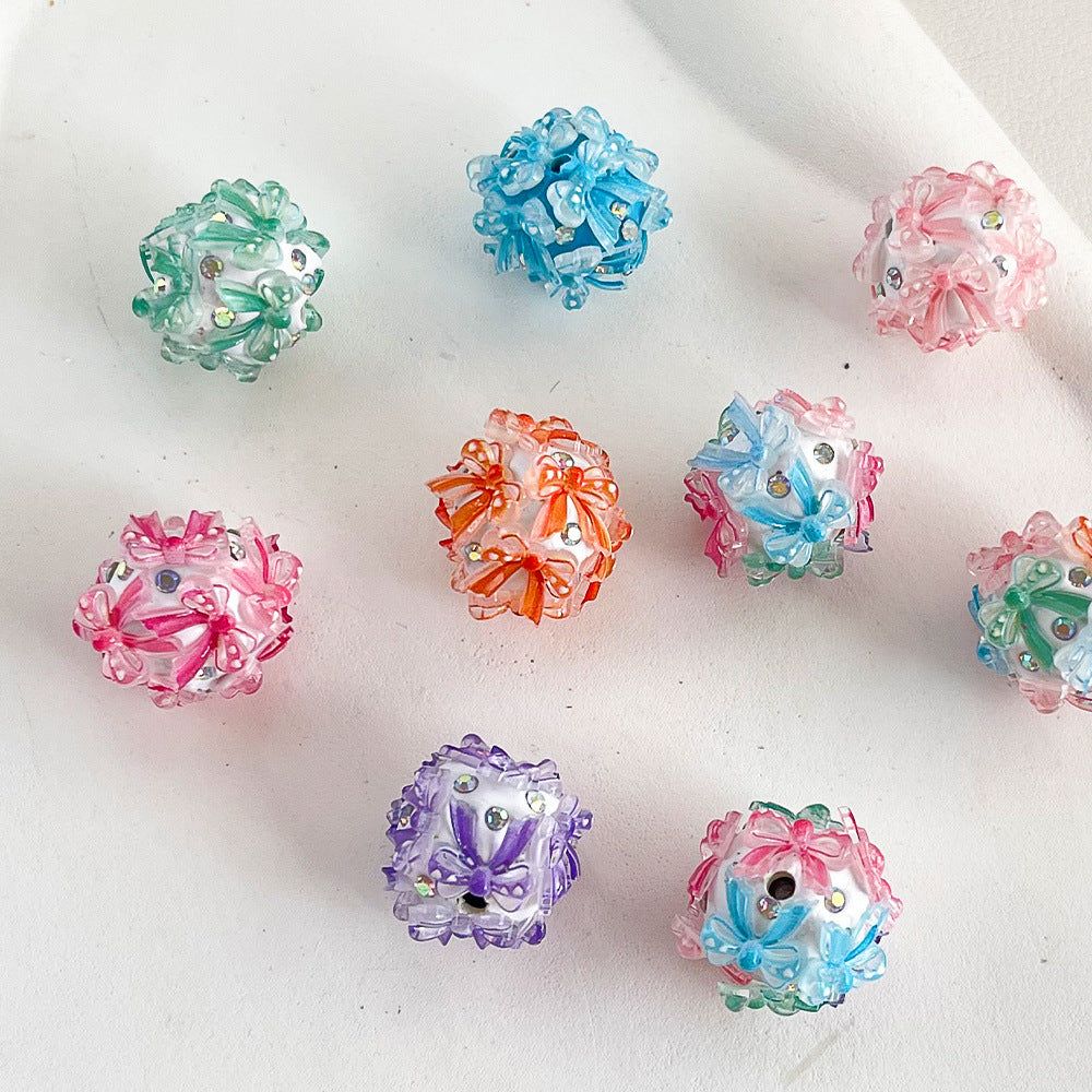 Wholesale 20pcs Colorful through-hole gradient bow with diamond studded ball Crystal Beads