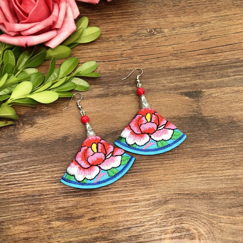Wholesale Embroidered vintage fabric flower tassel earrings