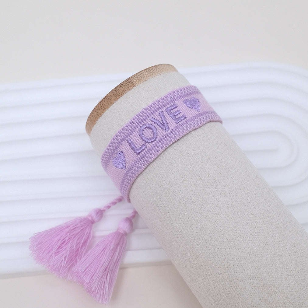Wholesale Cord Embroiderable Logo Ethnic Style Letter Woven Tassel Bracelet