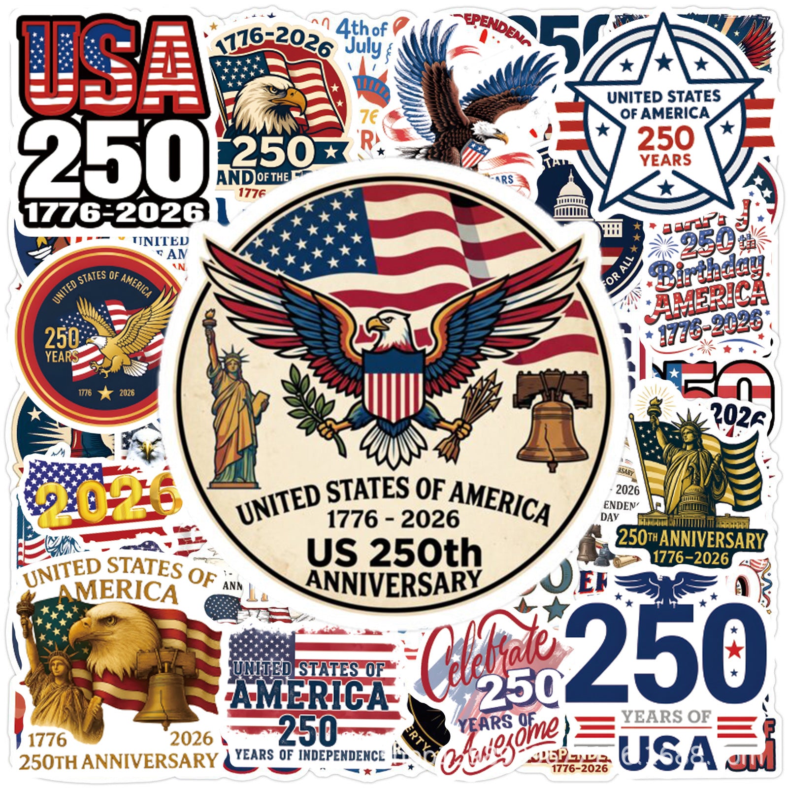 Wholesale 55 Cute U.S. Independence Day 250th Anniversary Waterproof Vinyl Stickers