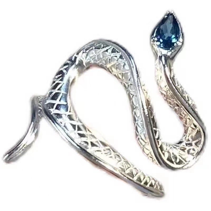 Wholesale sea blue topaz snake open ring creative niche design high sense ins cold wind ring
