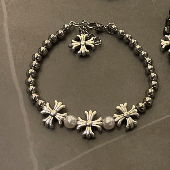 Wholesale Vintage Hip Hop Broken Silver Cross Flower Bracelet