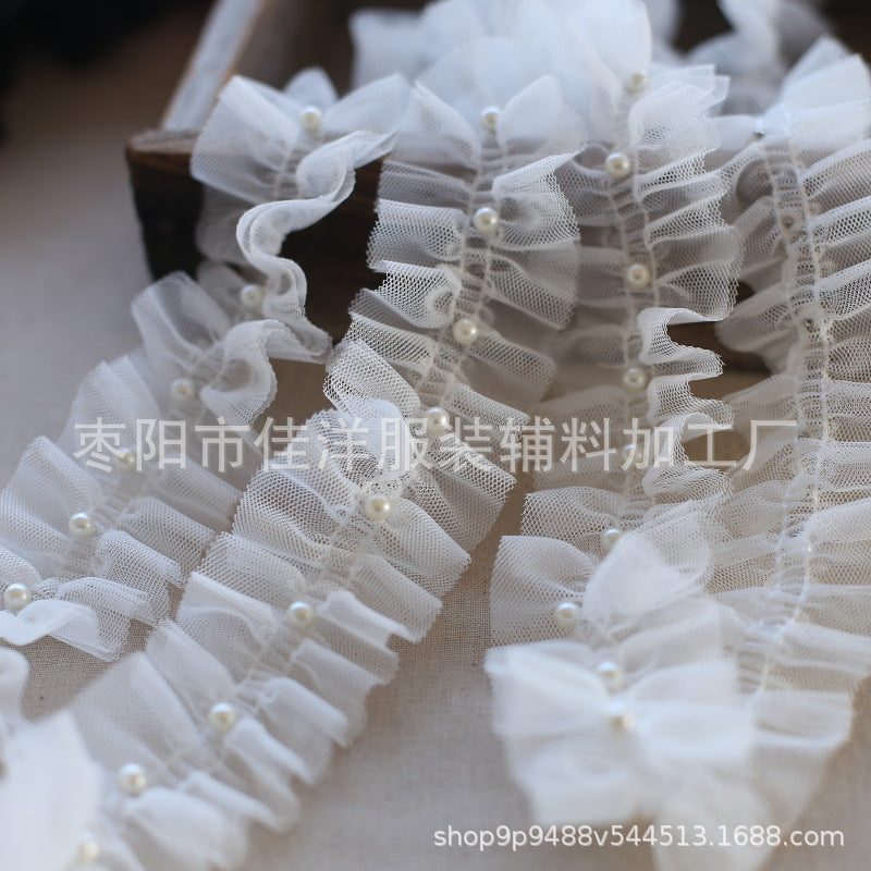 Wholesale 5pcs 5CM double-layer mesh lace pleated pearl decoration