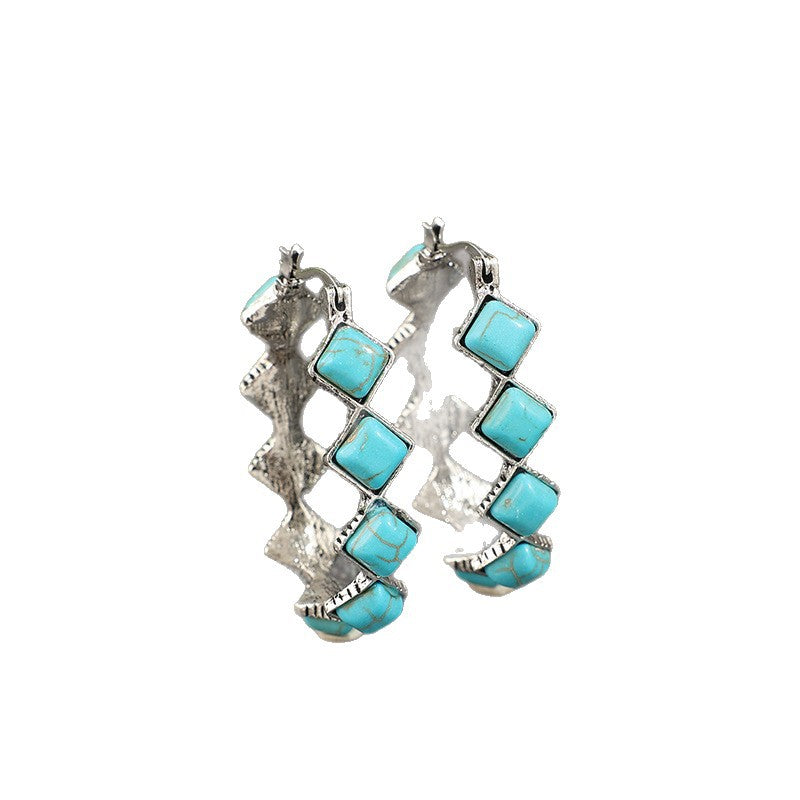 Wholesale Retro Western Turquoise U Shaped Ethnic Earrings Silver Tone Alloy Everyday Wear Jewelry For Women
