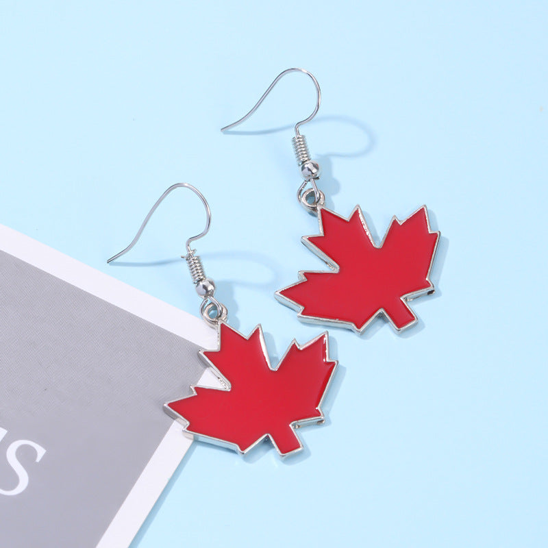Wholesale New Canadian Flag Earrings Zinc Alloy Dripping Oil Red Maple Leaf Earrings