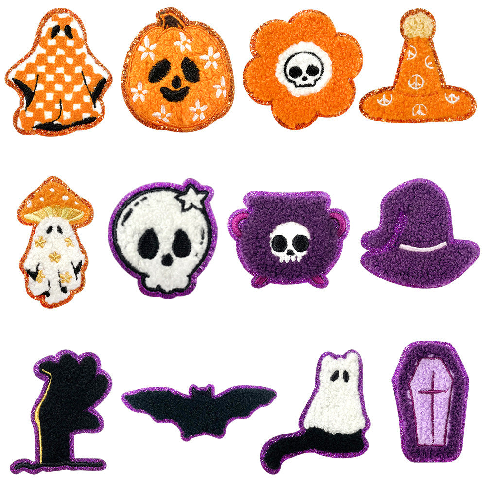 Wholesale Embroidered  Iron On Patches 15 Pcs Cartoon Ghost Pumpkin Skeleton Mushroom Designs For Clothing DIY Party