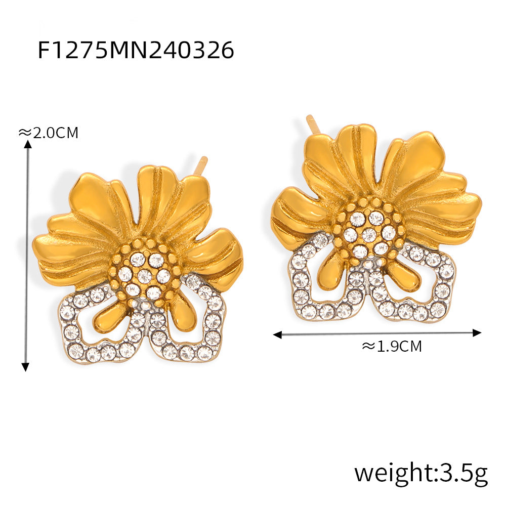 Wholesale Vintage Titanium Steel Gold Plated Geometric Flower Diamond Earrings