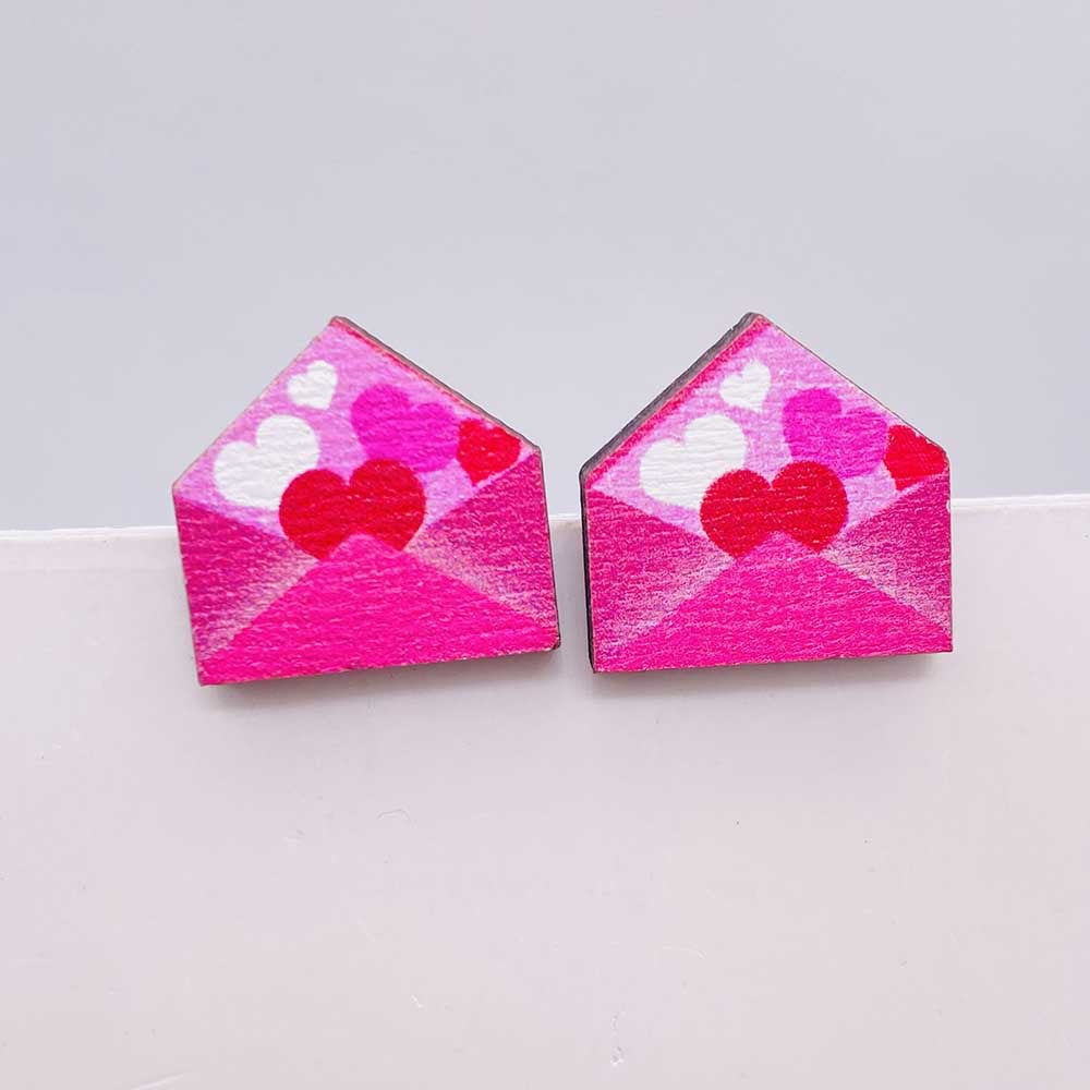Wholesale Valentine's Day Pink Envelope Dwarf Rose Wooden Earrings