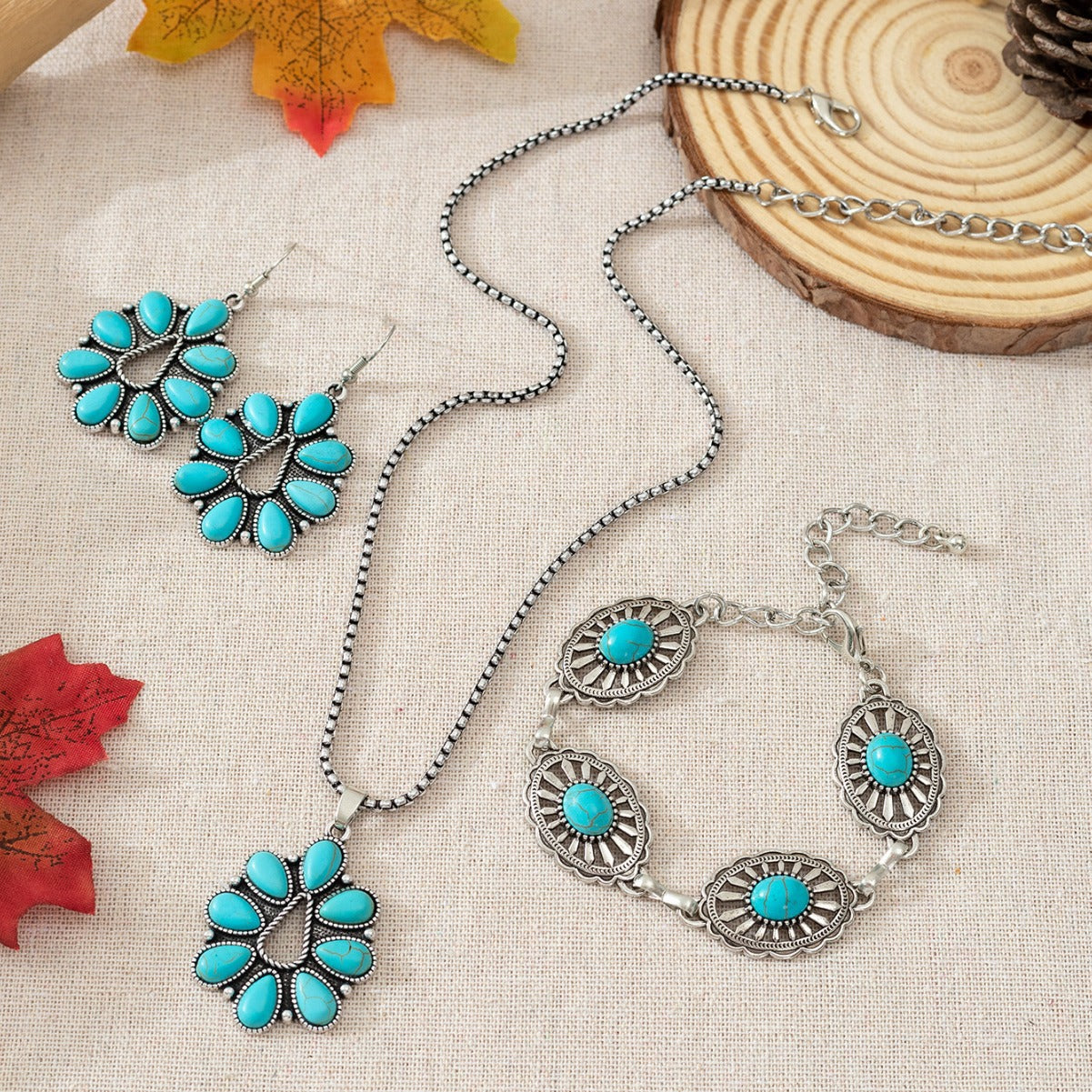 Wholesale Bohemian Retro Fashion Turquoise Drop Necklace Earrings Bracelet