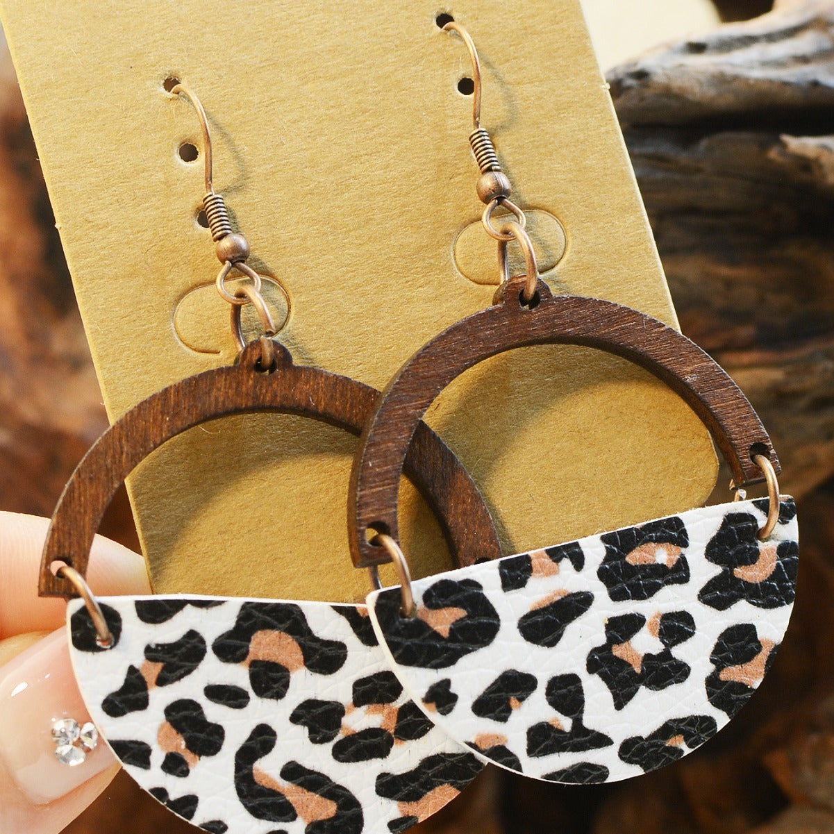 Wholesale Turquoise Inlaid Western Cowboy Earrings Plush Cow  Semi-Circle Cut Out Leopard