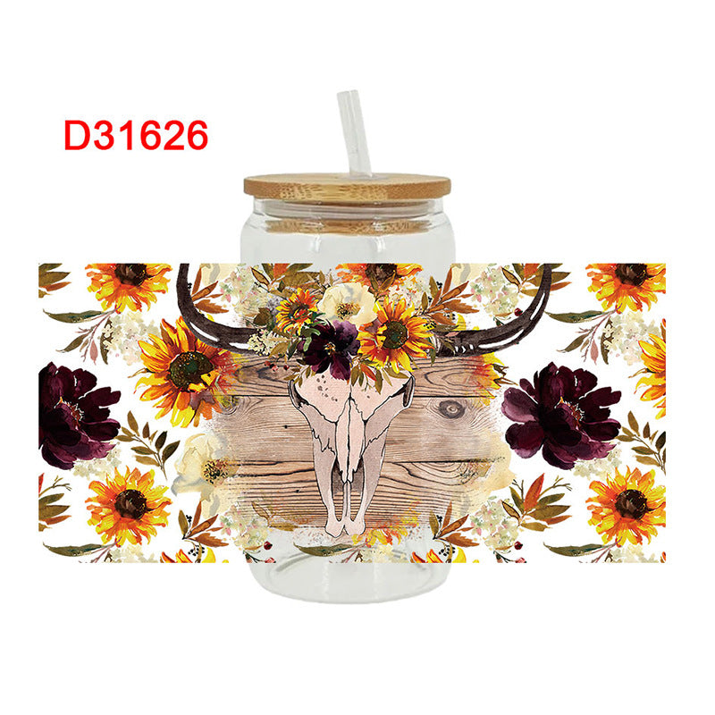 Wholesale Western style cow head boots sunflower  16oz Cup UV DTF Wraps