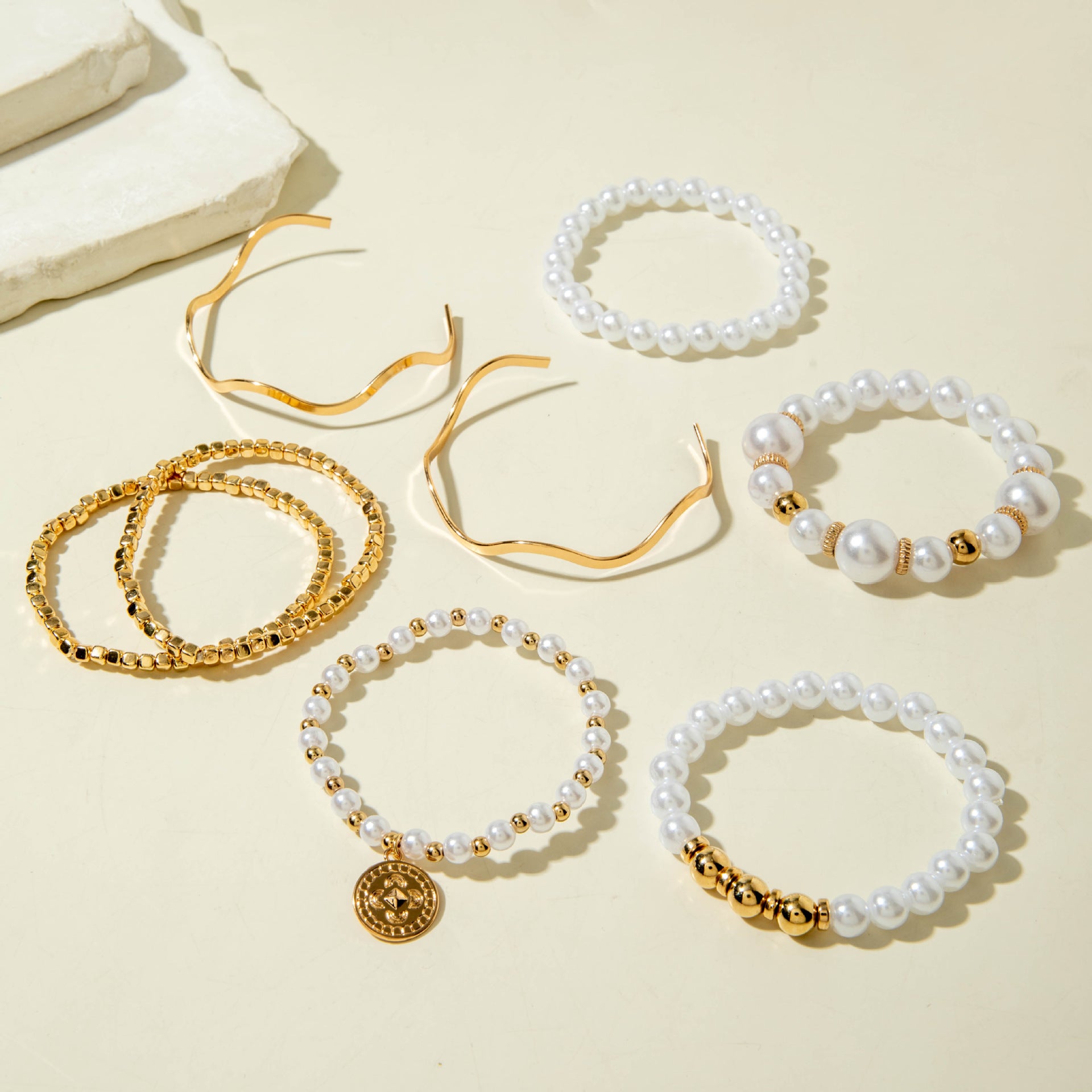 Wholesale Multi-layered Pearl Bracelet and  Bangle Layered Bracelet Set