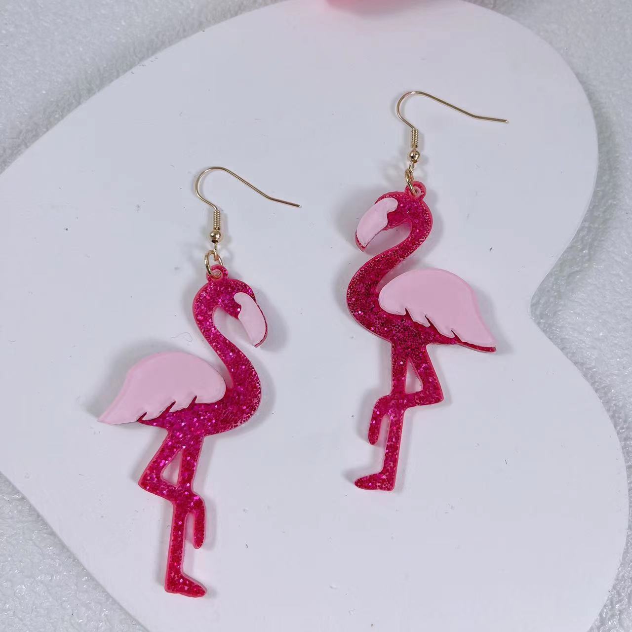 Wholesale glitter acrylic pink Valentine's Day fun cute Flamingo earrings