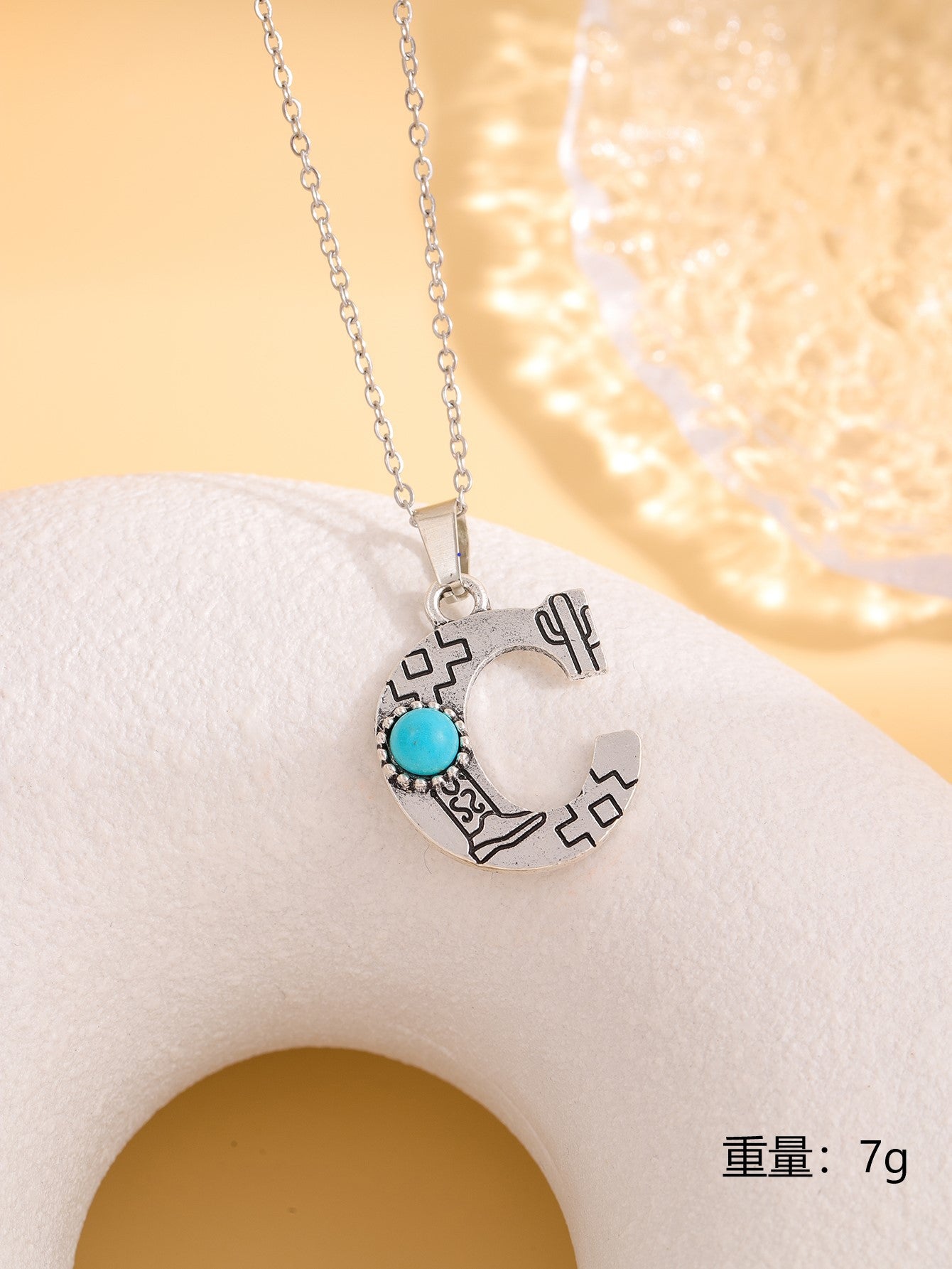 Wholesale Western stainless steel chain cactus turquoise letter necklace