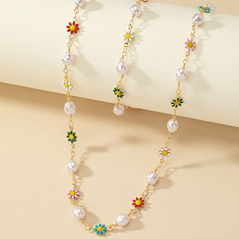Wholesale Flower Heart Pearl Bracelet Necklace Set For Women Alloy Electroplated Trendy Gift Boutique Resale Fashion Jewelry