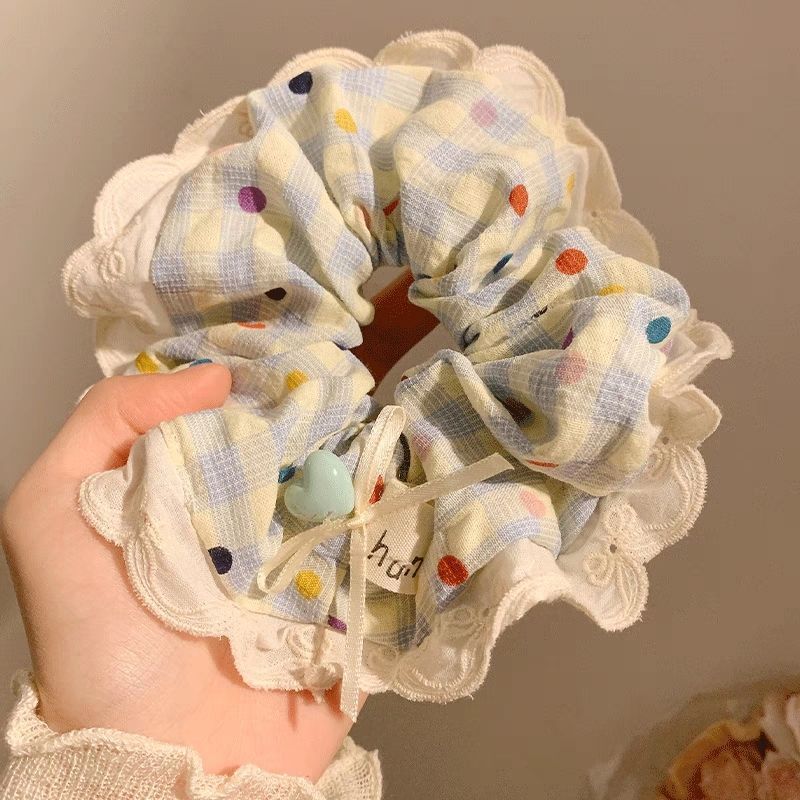 Wholesale Heavy  Color Wave Dot Plaid   Lace  Fabric Hair Scrunchies