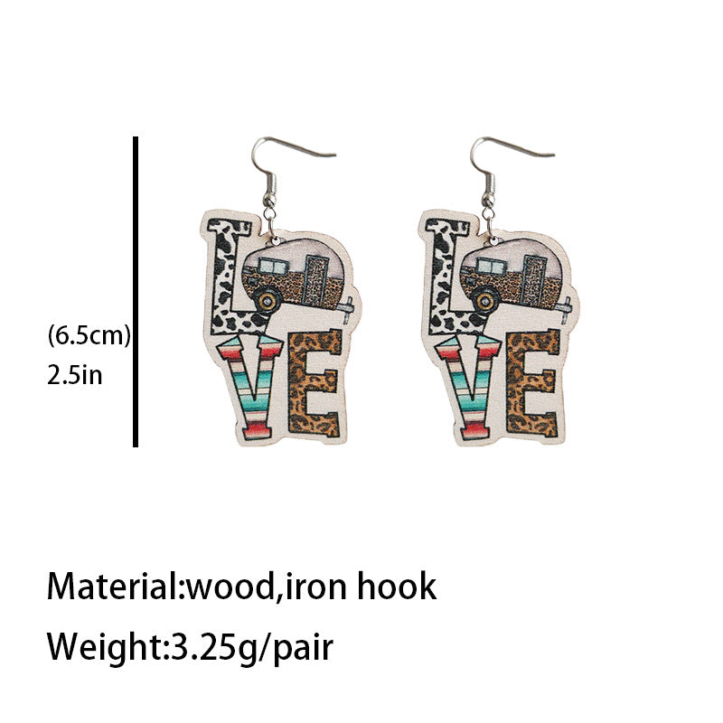 Wholesale Love Cow Print Leopard Print Campfire RV Camping Wooden Earrings