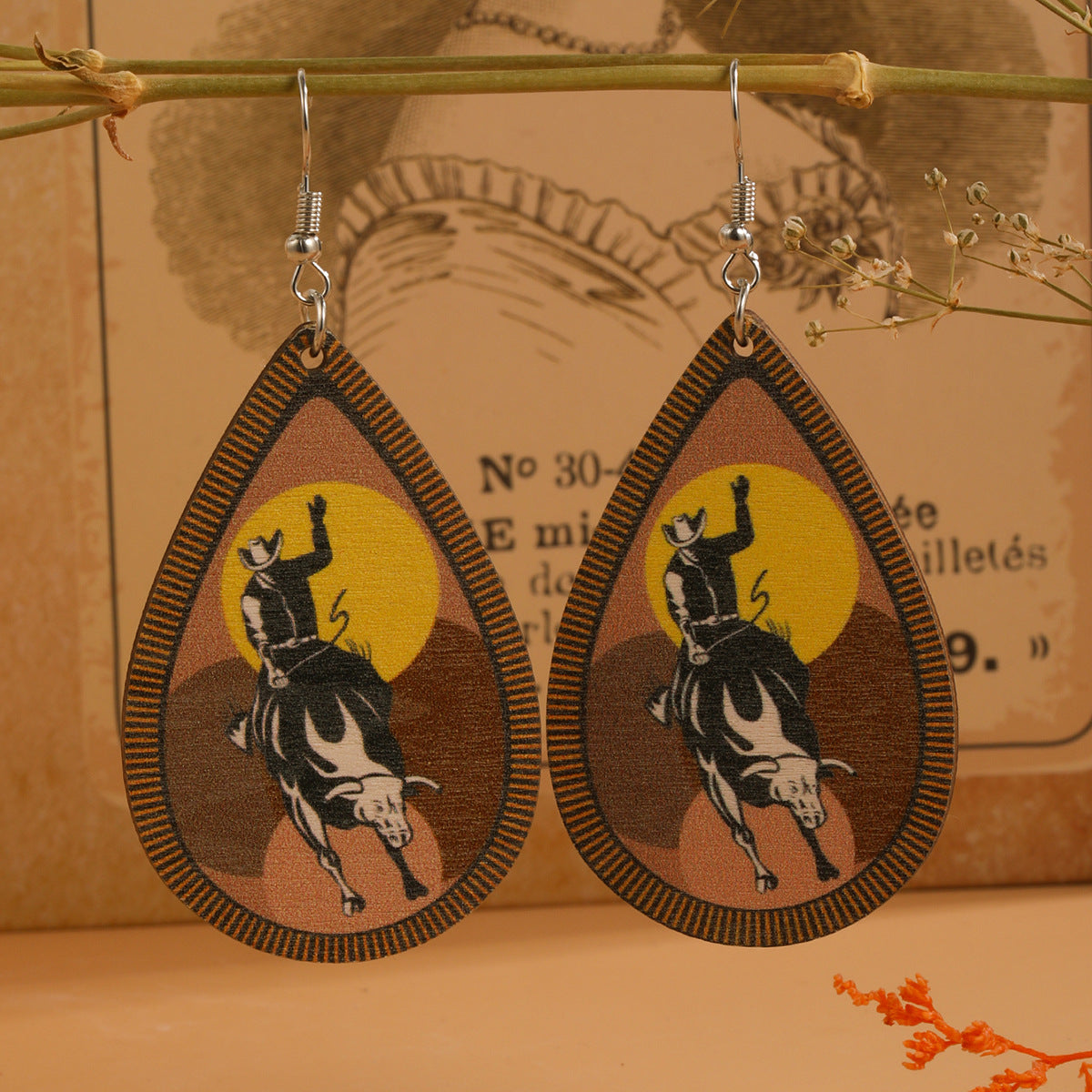 Wholesale Western Cowboy Boots Hat Teardrop Shape Wooden Earrings