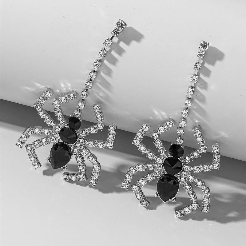 Wholesale 2pairs/pack Halloween Black Spider Black and White Water Diamond Long Metal Earrings