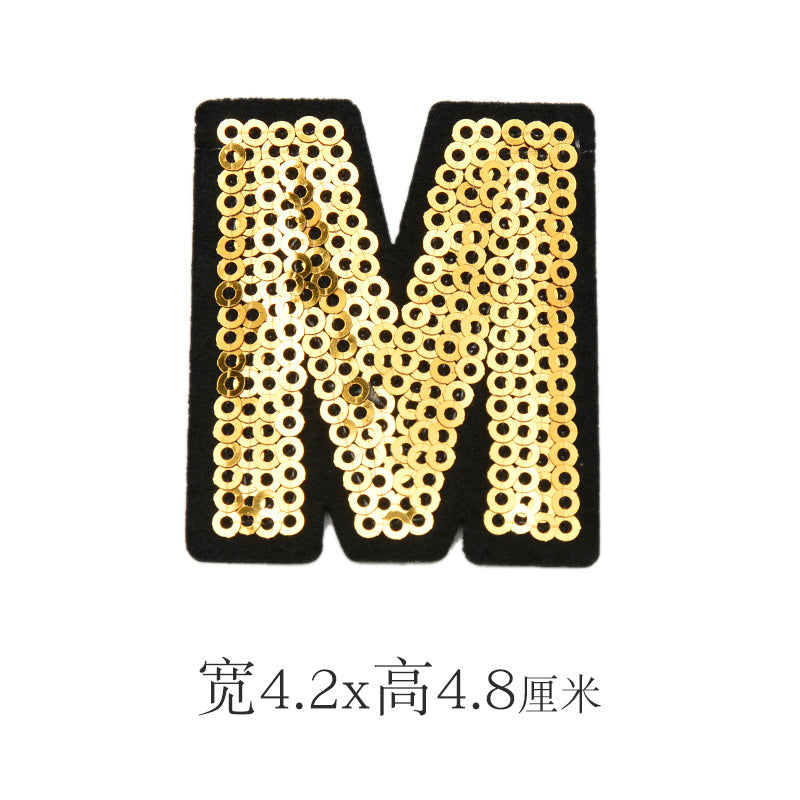 Wholesale Polyester Gold Sequin Alphabet Embroidered Patches For Coats Fashion Clothing Decorative Applique DIY Craft Supply