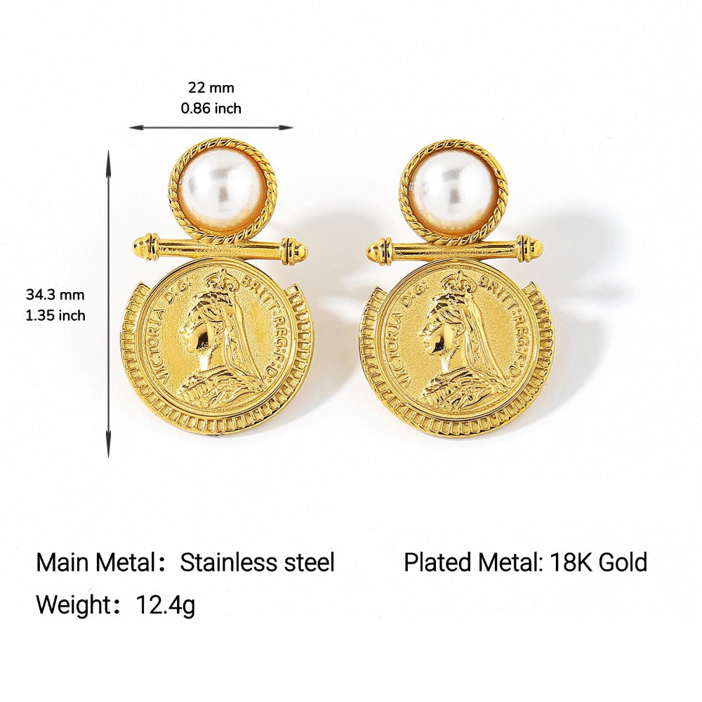 Wholesale Stainless Steel Retro Gold Coin Earrings