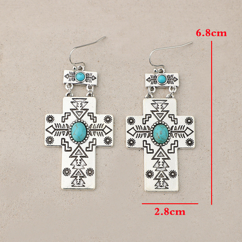 Wholesale Bohemian Retro Cross Inlaid Turquoise Long Alloy Ethnic Style Earrings