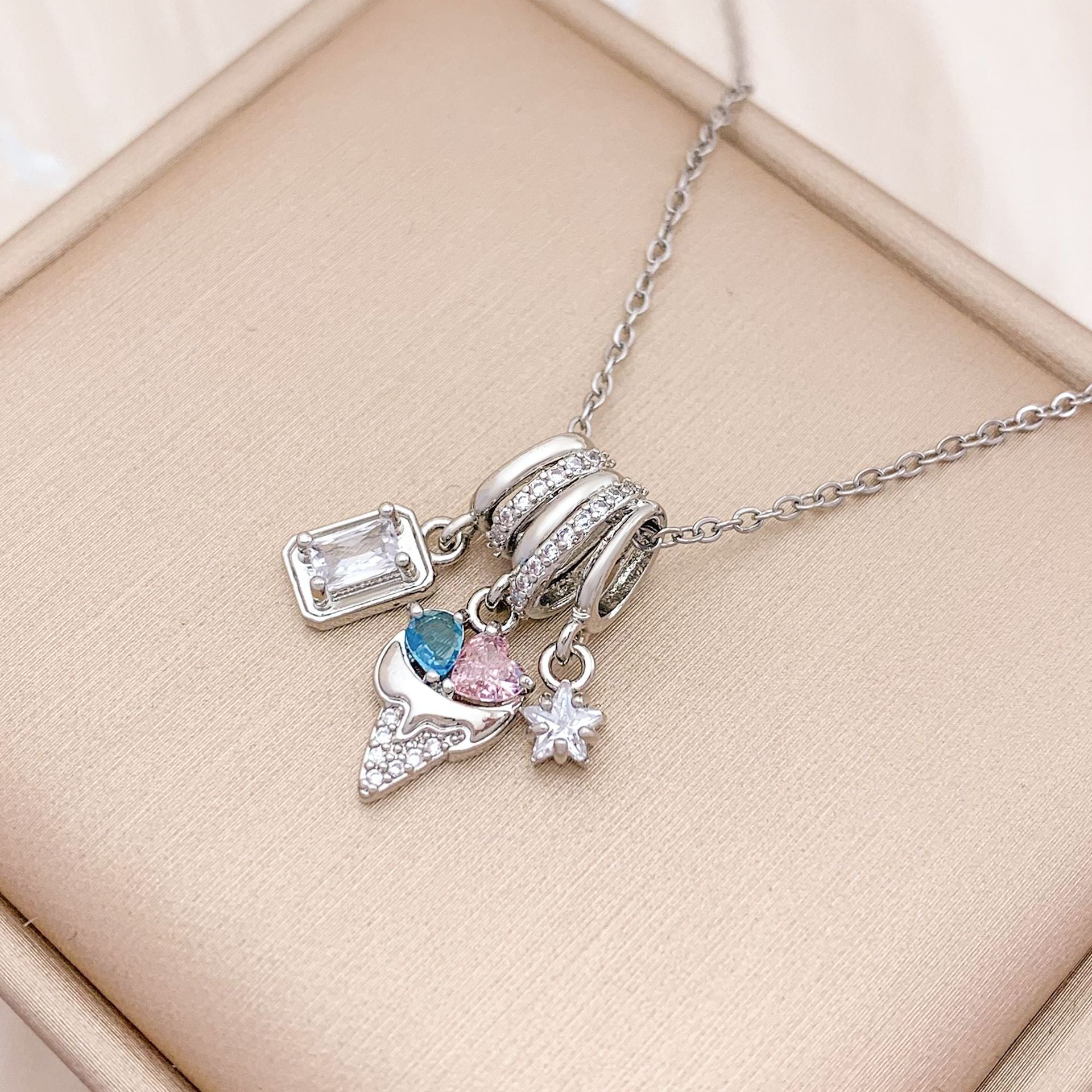 Wholesale Square Ice Cream Color Titanium Steel Necklace Luxury Micro-Paved Zircon Temperament  Accessory