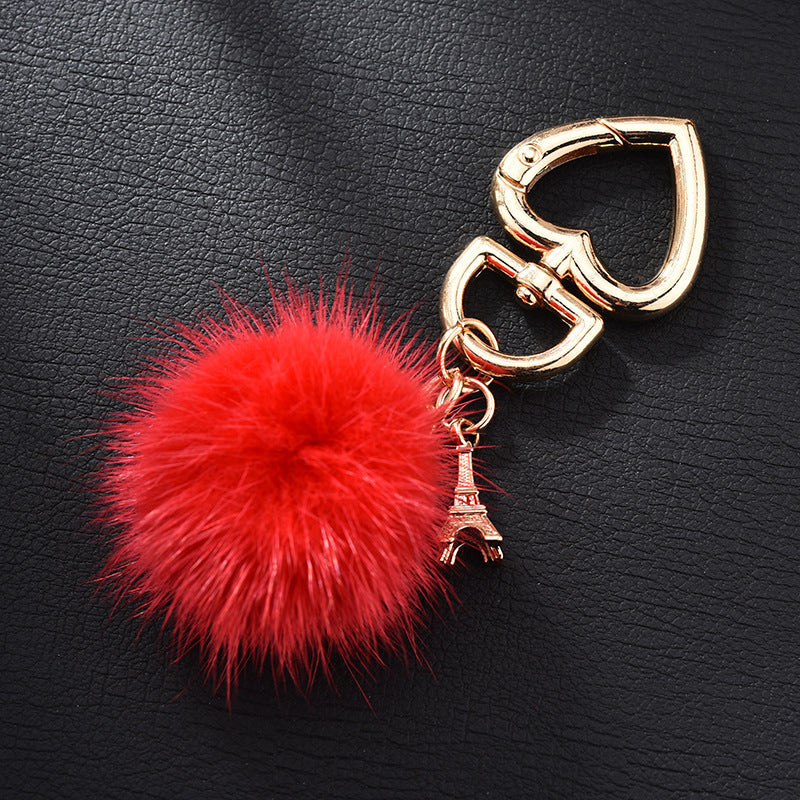 Wholesale mink fur love keychain elegant fur small pendant fur ball alloy love keychain