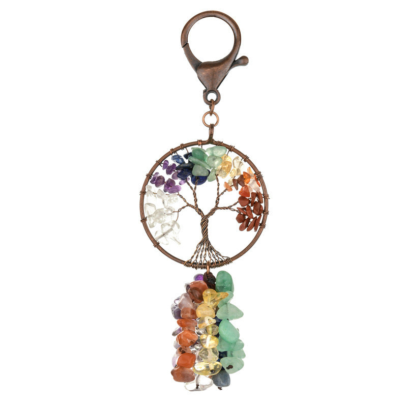 Wholesale Natural Crushed Stone Circular Life Tree Winding Copper Keychain