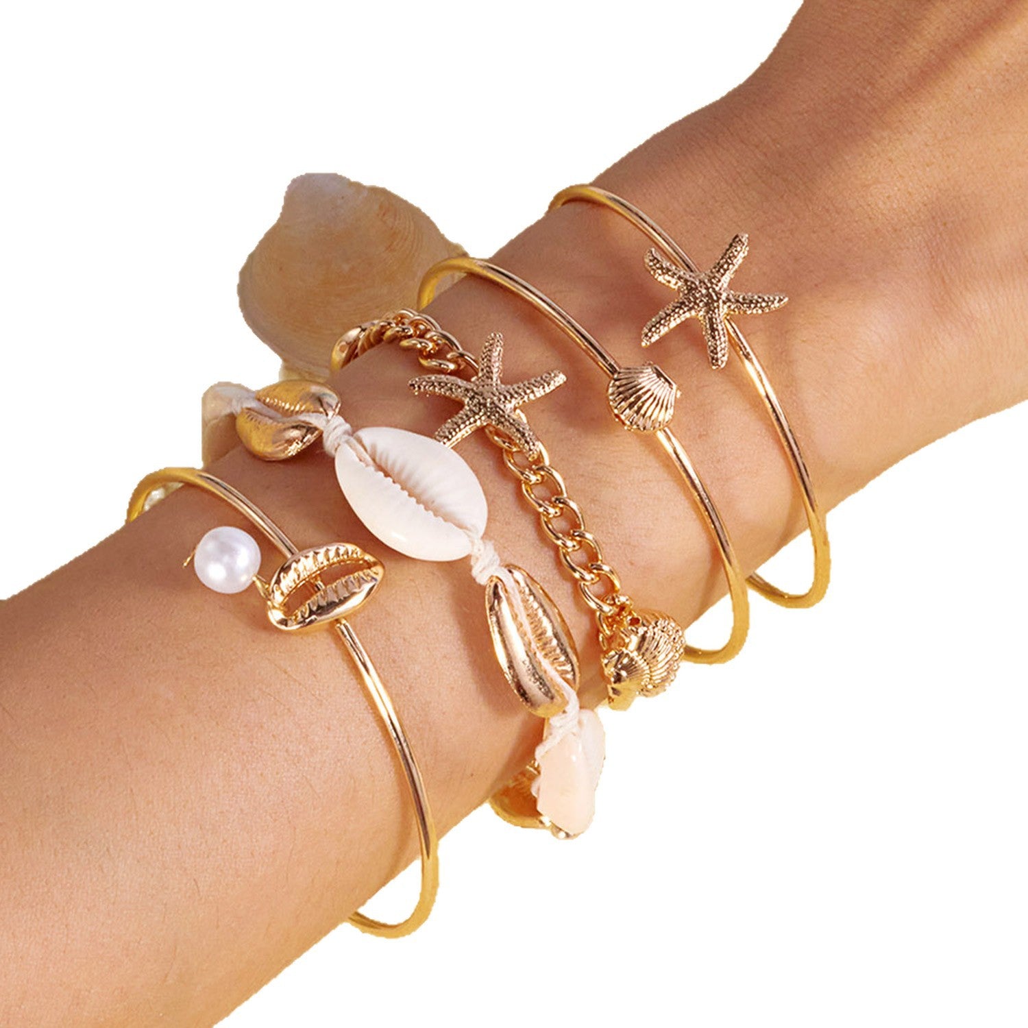 Wholesale Alloy Electroplated Bohemian Beach Bracelet Set Starfish Conch Design Women S Jewelry Accessory Boutique Resale