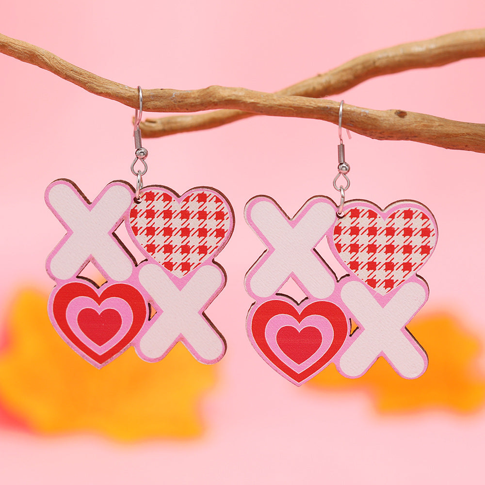 Wholesale Valentine's Day Pink Printed Love Heart-shaped Wooden Earrings