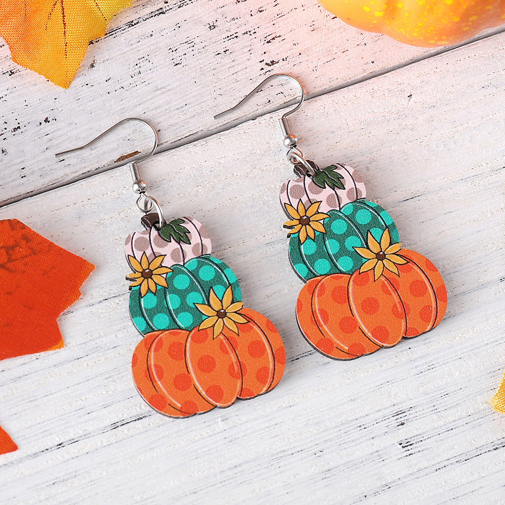Wholesale Thanksgiving Wave Plaid Pumpkin Wooden Double-sided Earrings