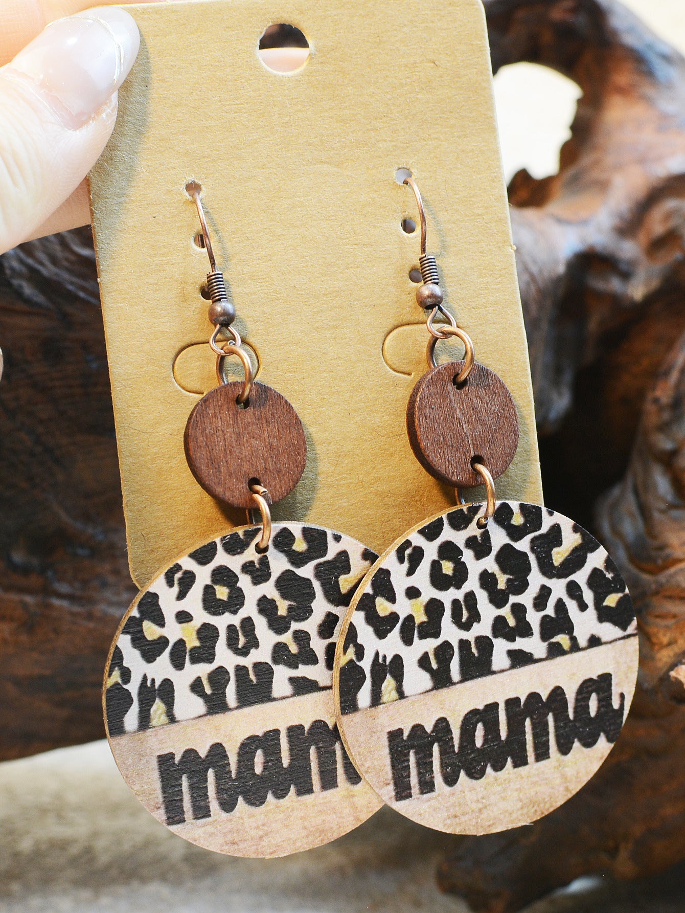 Wholesale Vintage Leopard Print Wood Chip MAMA Round Earrings