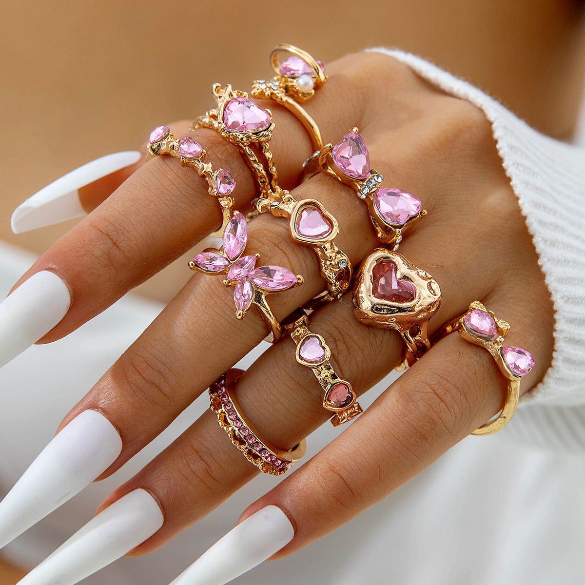 Wholesale Luxury Heart Gemstone Ring Set  Alloy Open Ring