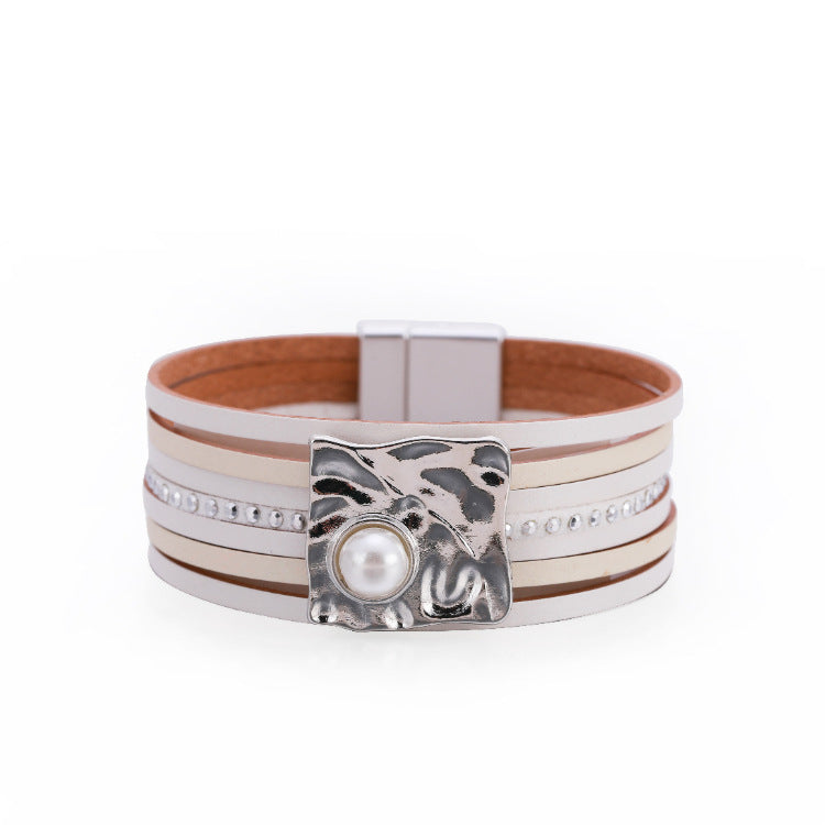 Wholesale Bohemian Multi-layered Leather Buckle with Pearl Bracelet