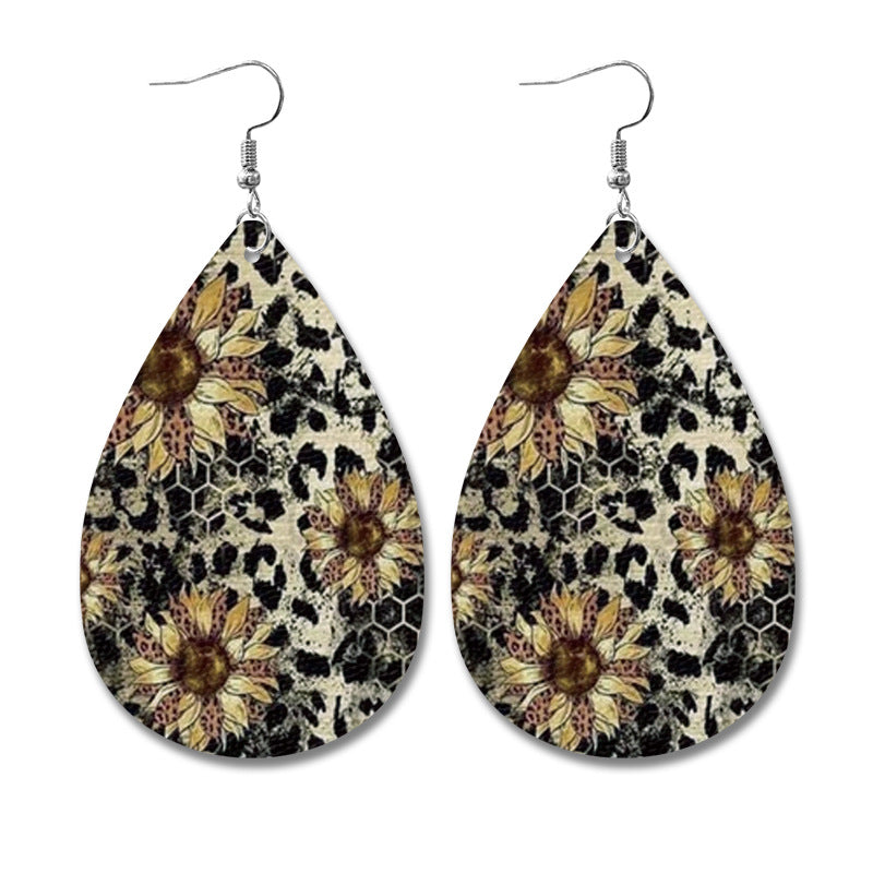 Wholesale Western Style Cow Pattern Sunflower Bull Head Leather Earrings
