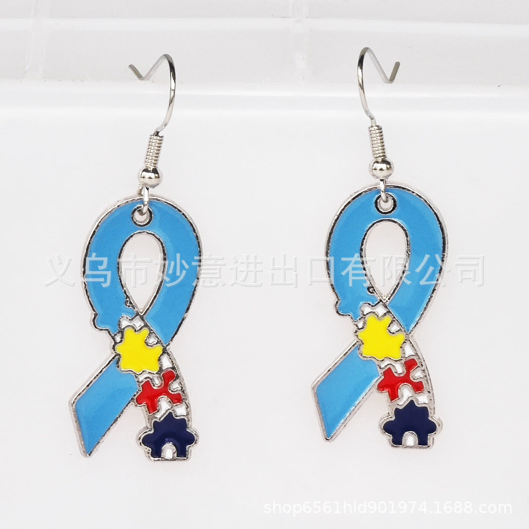 Wholesale 2PCS/Pack Color Puzzle Earrings Alloy Dropping Oil Puzzle Autism Ladies Earrings