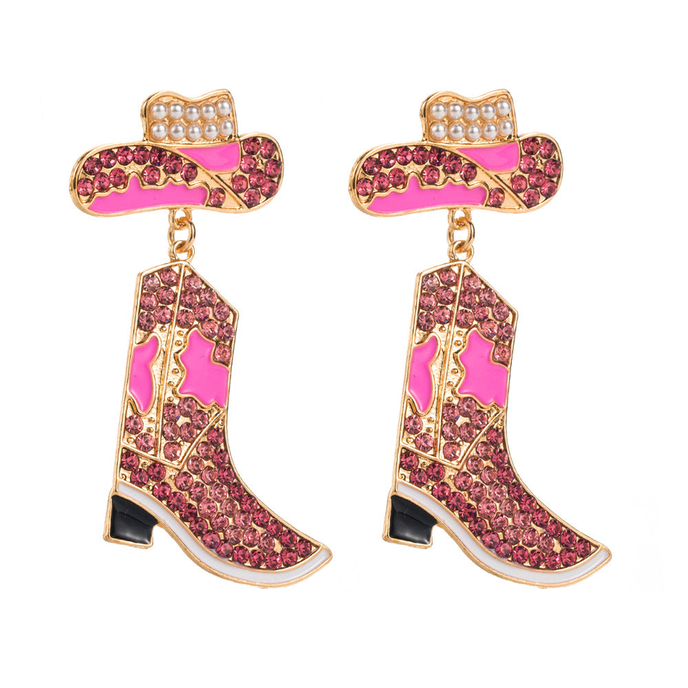 Wholesale Western style diamond cowboy boots and exaggerated colored diamond earrings